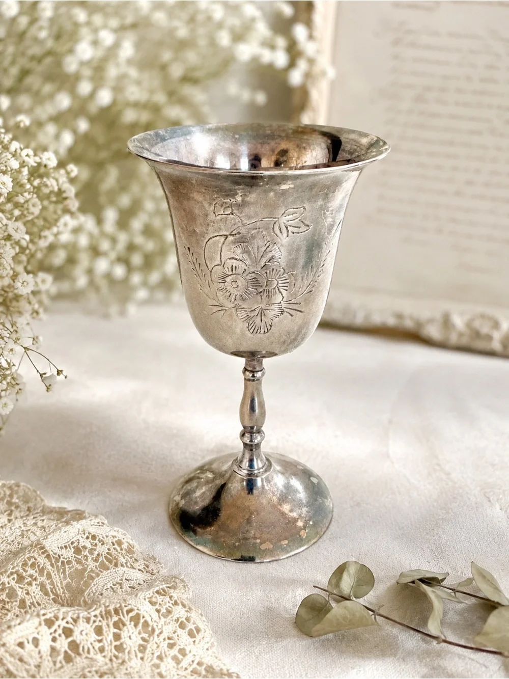 Vintage Silver Plate Kiddush Goblet Star of David Judaica Engraved Floral Cup